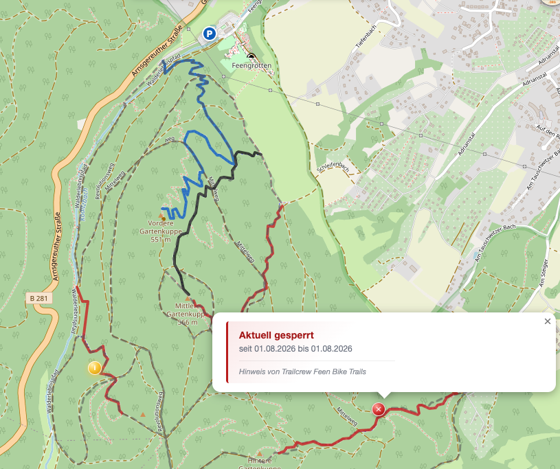 Sperrhinweis auf der Trailradar-Karte: Aktuell gesperrt, seit 01.08.2026 bis 01.08.2026, Hinweis von Trailcrew Beste Trails
